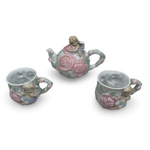 Vintage Avon Cherub Teapot & 2 Mug Set Pink Green Floral Rose Design Decorative